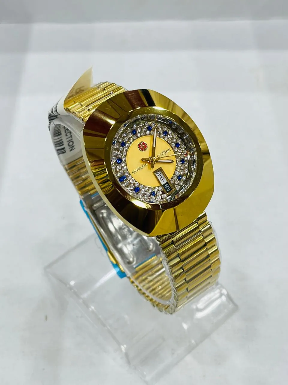 Gents Watch Rado A Replica S1873G Golden Chain Golden Dial With Blue Artifical Diamonds With Day And Date
