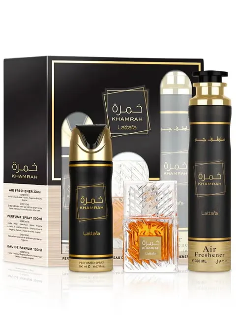 Lattafa Gift Set Eau De Parfum 100ML+Air Freshener 300ML+Body Spray 200ML Khamra